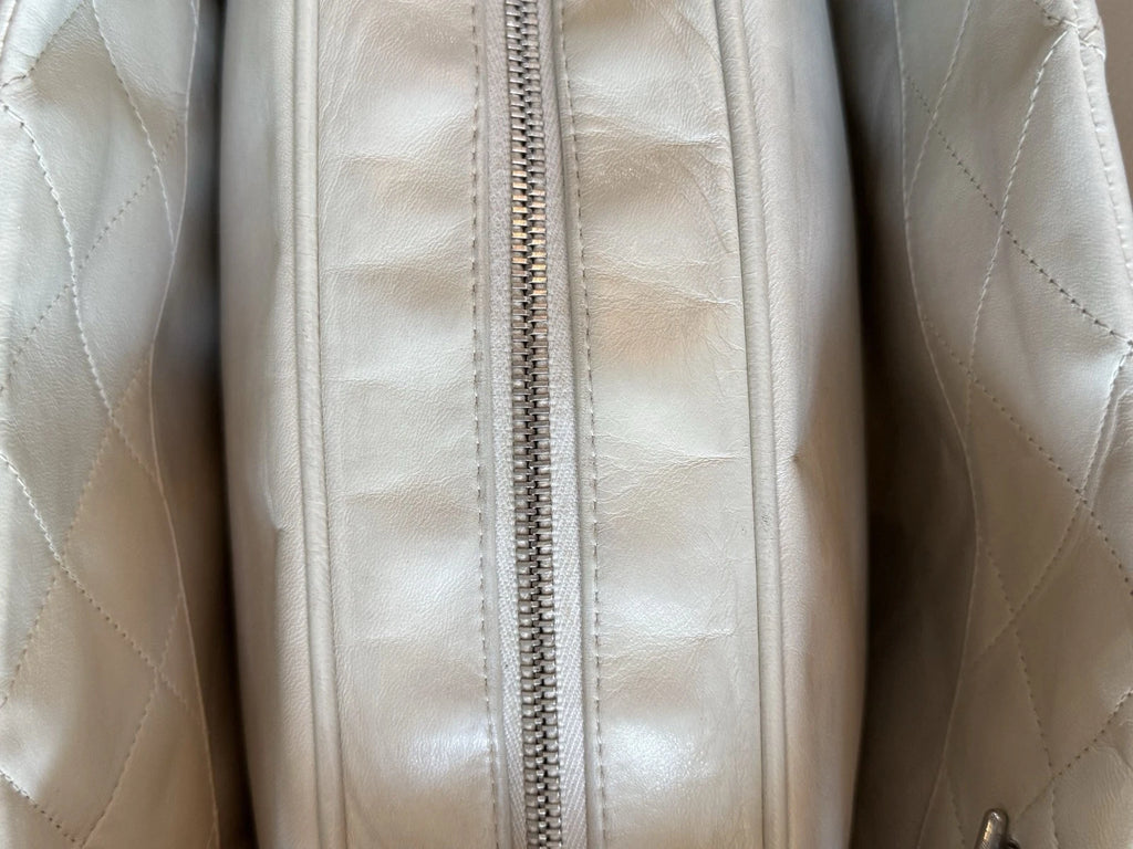 Authentic Chanel Bowling Lambskin Chain Shoulder Bag White Silver Hardware