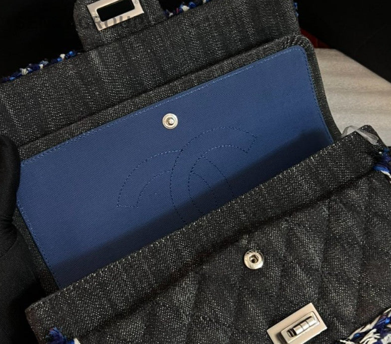 Chanel Denim Chain 2Way Shoulder Bag Crossbody Black Blue Women Classic