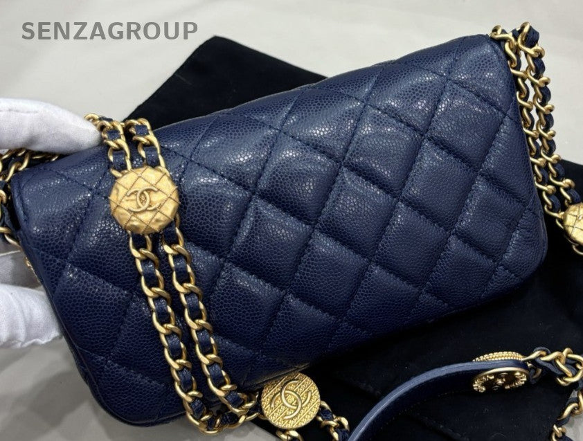 Chanel WOC Gold Coin Chain Shoulder Bag Crossbody Blue Used Women Classic