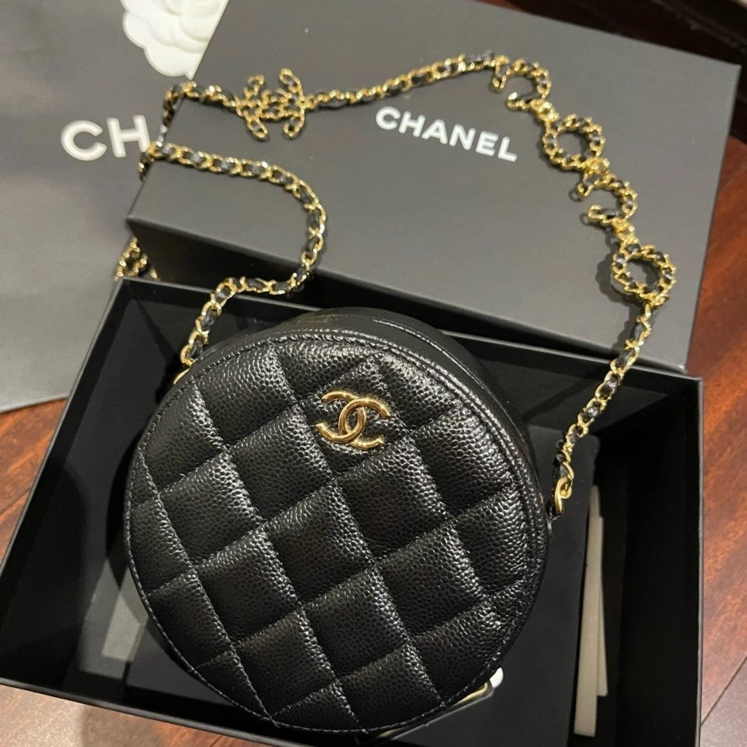 CHANEL Coco Black Gold Leather Round Shoulder Crossbody For Women
