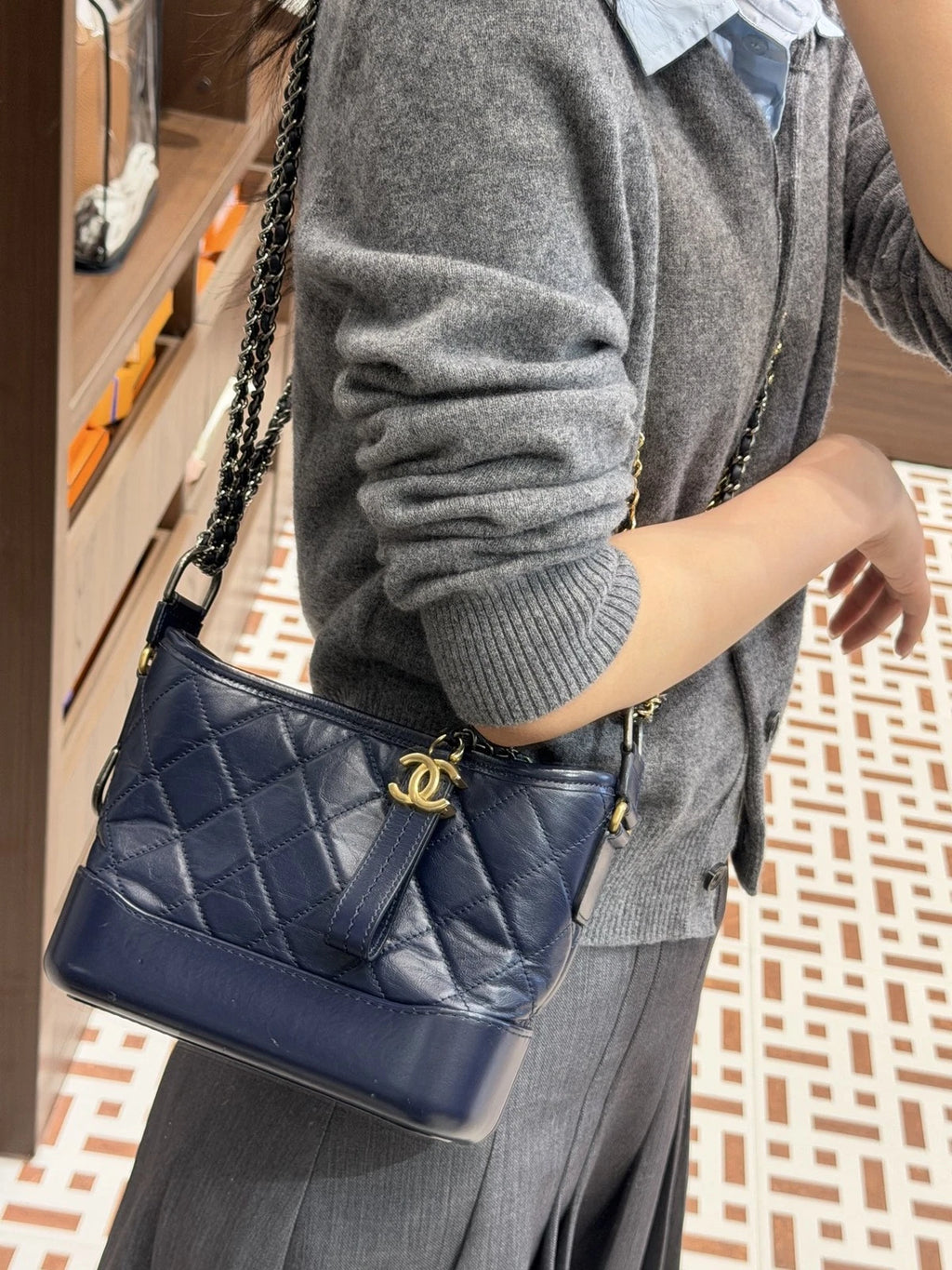 Chanel Gabrielle PM Diamond Blue Chain Shoulder Bag Crossbody Gold Hardware