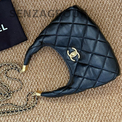 Chanel Quilted Black Gold Fringe Chain Hobo Shoulder Crossbody Bag