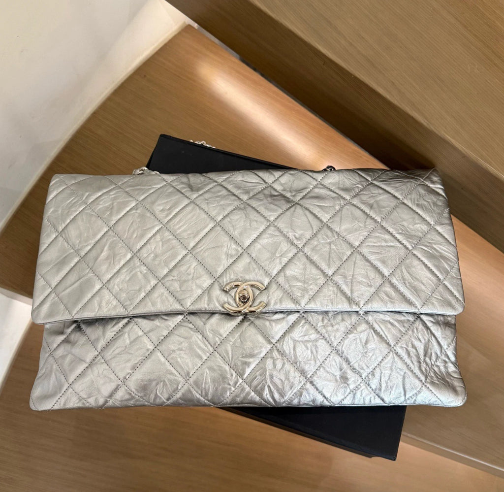 Chanel Airport Flap GM Shoulder Bag Silver Turn Lock Women Fashion