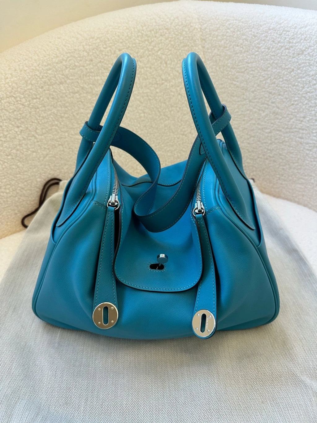 Hermes Lindy30 Blue Leather Silver Hardware Bag For Women