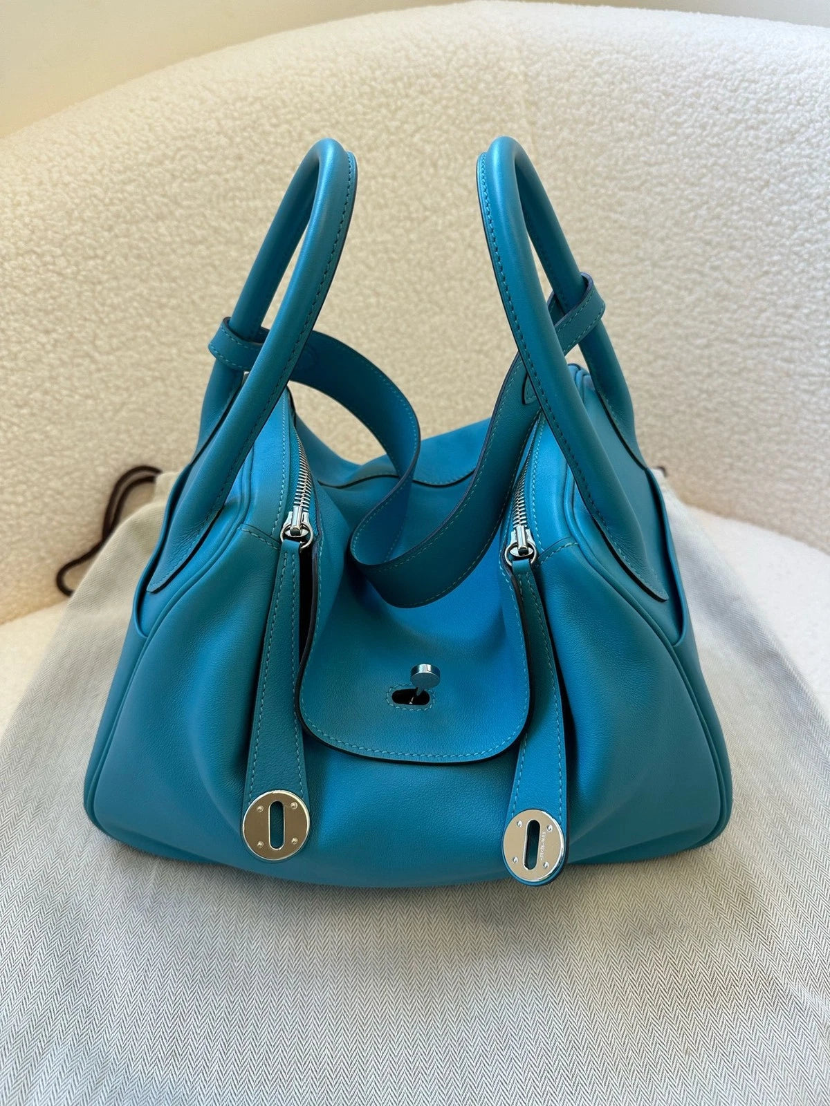 Hermes Lindy30 Blue Leather Silver Hardware Bag For Women