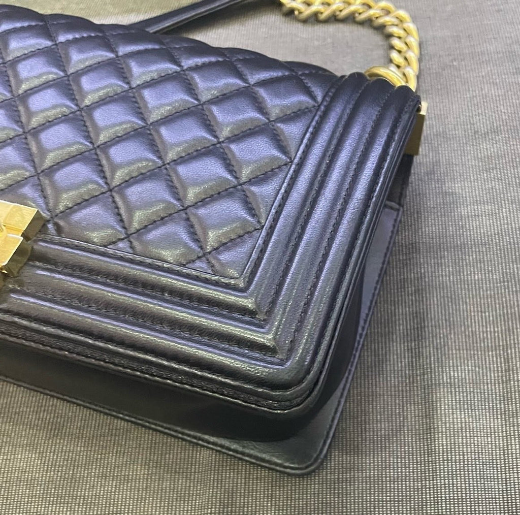 Chanel Leboy MM Lambskin Chain Shoulder Bag Crossbody Black Gold Women Classic