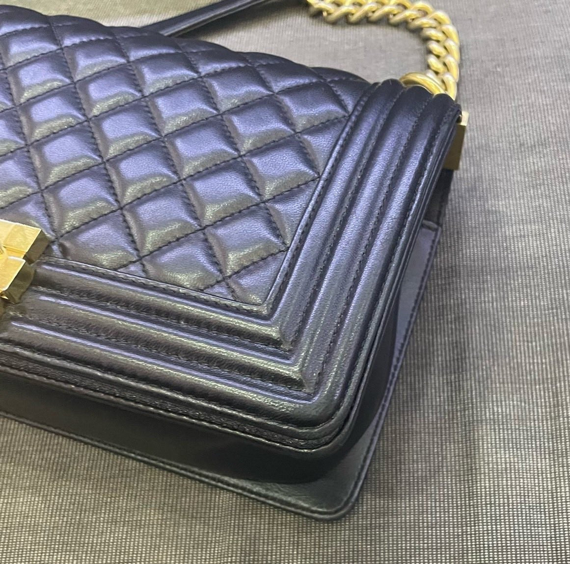 Chanel Leboy MM Lambskin Chain Shoulder Bag Crossbody Black Gold Women Classic