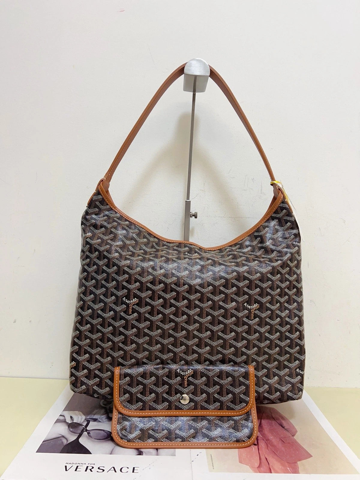 Goyard Bohème Hobo Canvas Calfskin Shoulder Bag Brown Silver Women Classic