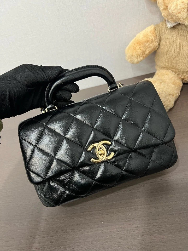 CHANEL Black Gold Leather Top Handle Crossbody Bag For Women