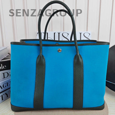 Hermès Garden Party 36 Blue Black Canvas Leather Tote Bag Silver Hardware