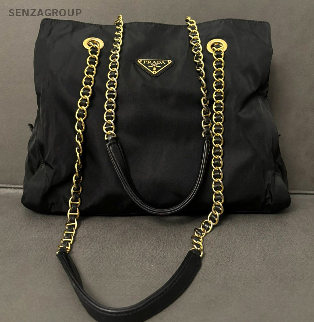 PRADA Classic Nylon Chain Shoulder bag 30 Black Gold Women Handbag