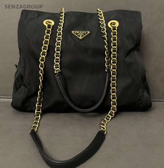 PRADA Classic Nylon Chain Shoulder bag 30 Black Gold Women Handbag