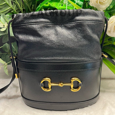 Gucci Horsebit 1955 Black Gold Bucket Bag Drawstring Shoulder Crossbody