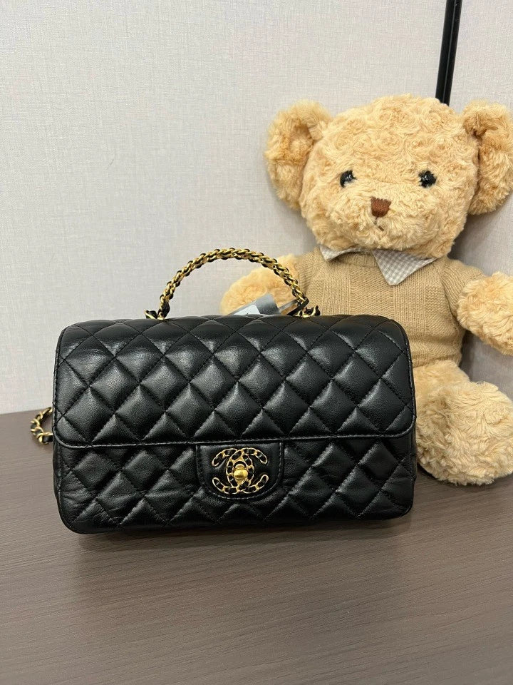 CHANEL 24C Black Gold Rhinestone Handle CF Handbag For Women