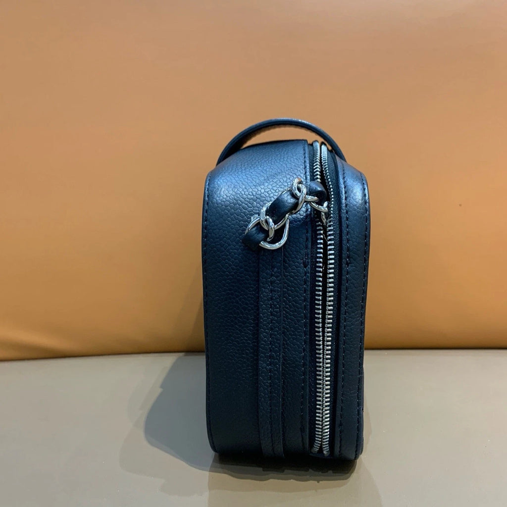 Chanel Calfskin Camera Bag Chain Shoulder Crossbody Black Silver Diamond
