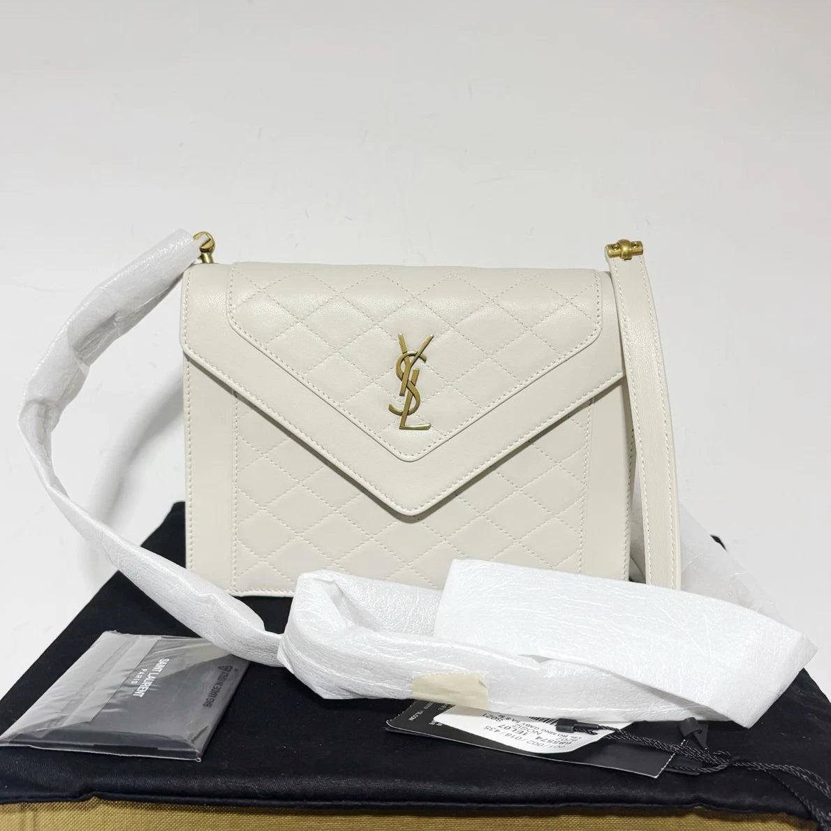 Saint Laurent Gaby PM Lambskin Shoulder Crossbody Bag White Gold Women