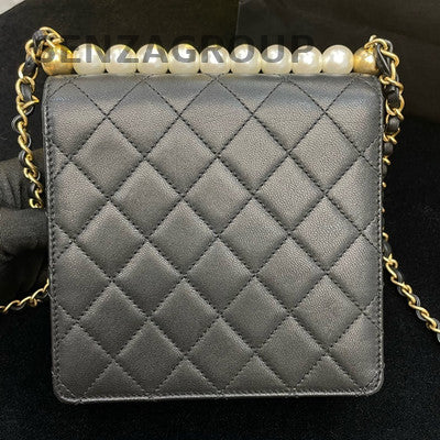 Chanel Quilted Black Gold Pearl Vertical Chain Shoulder Crossbody Bag