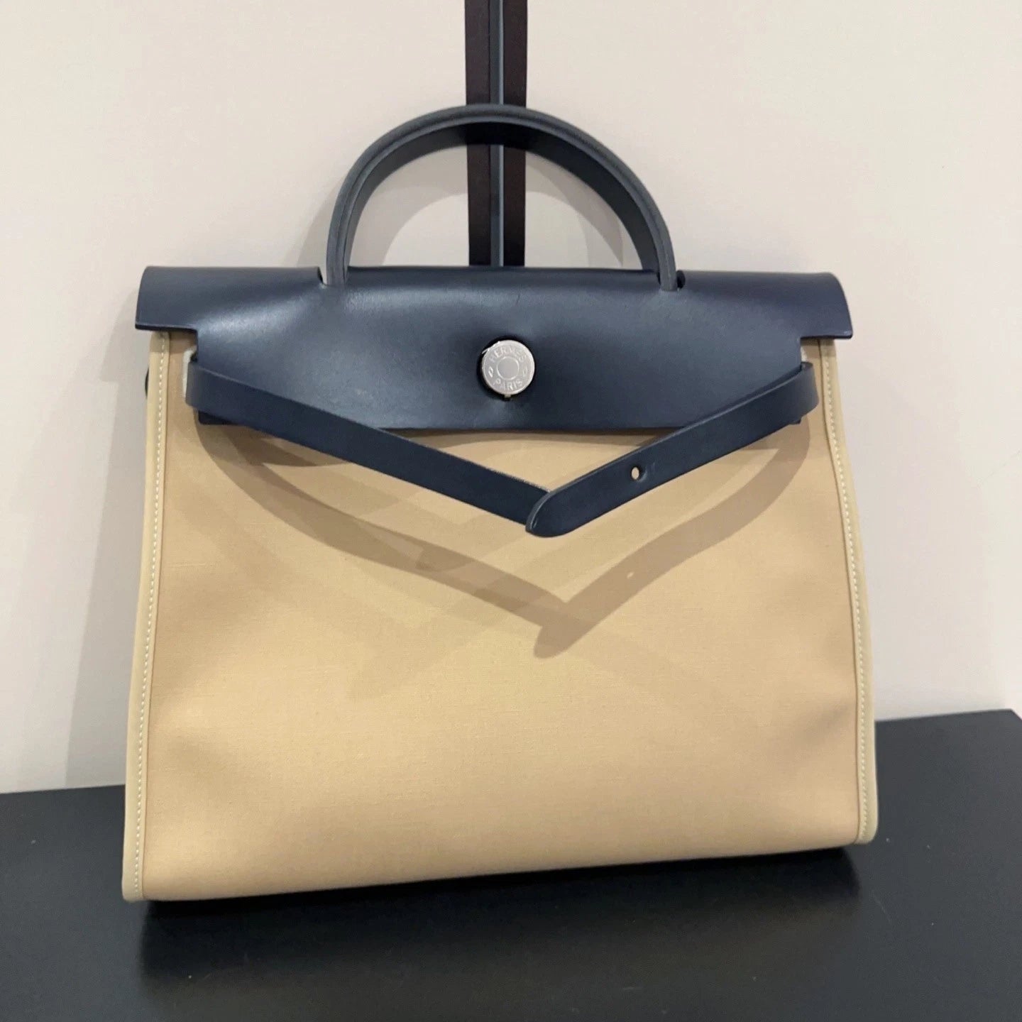 Hermes Herbag31 Canvas Women Tote Bag Beige Black Silver Hardware