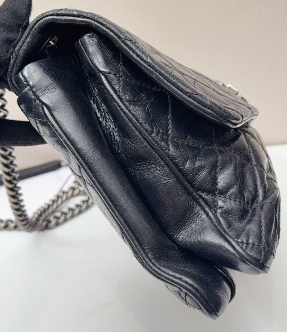 Chanel Classic Flap MM Chain Shoulder Bag Black Silver Diamond Women Designer