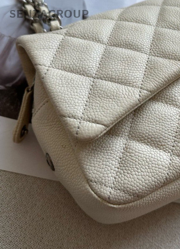 Chanel Classic Flap Calfskin Chain Shoulder Bag Ivory Silver Women Designer
