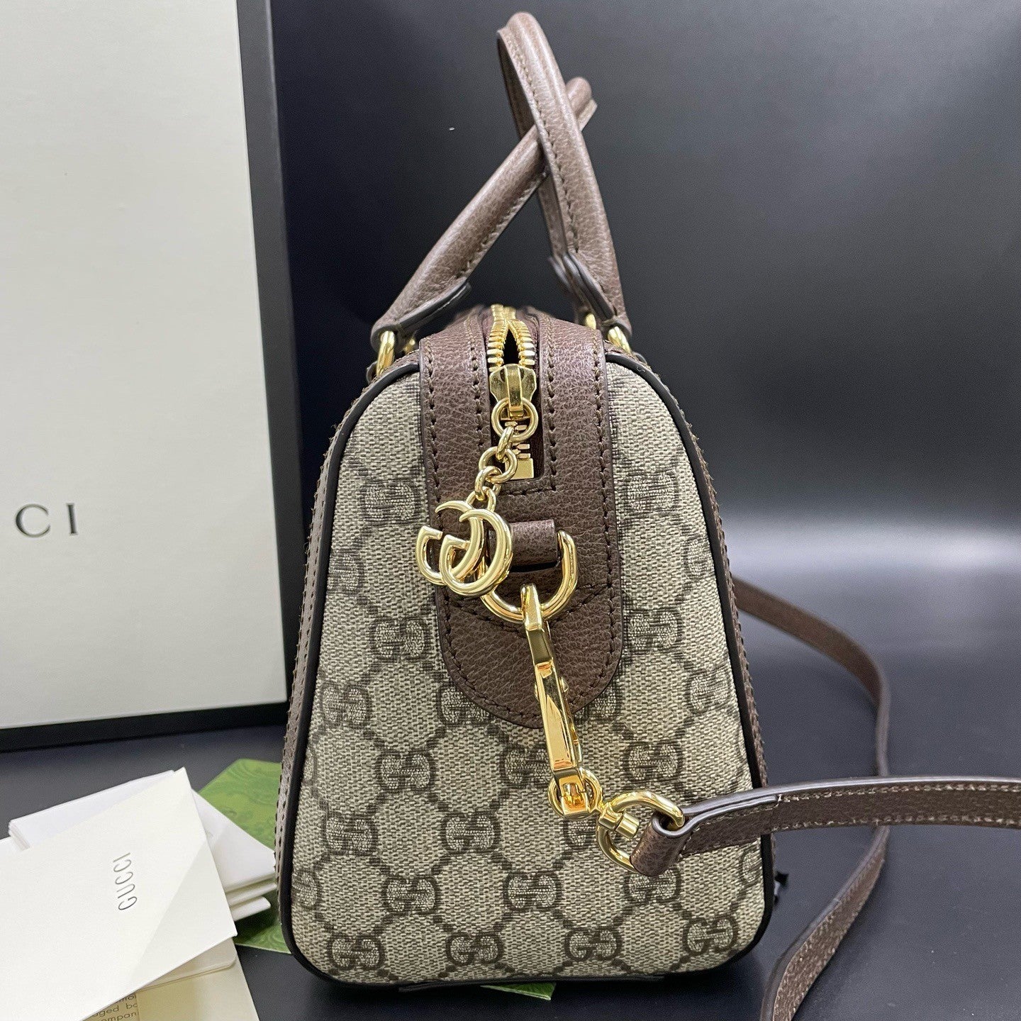 Gucci Boston Ophidia Top Handle Crossbody Brown Gold Used Women Classic