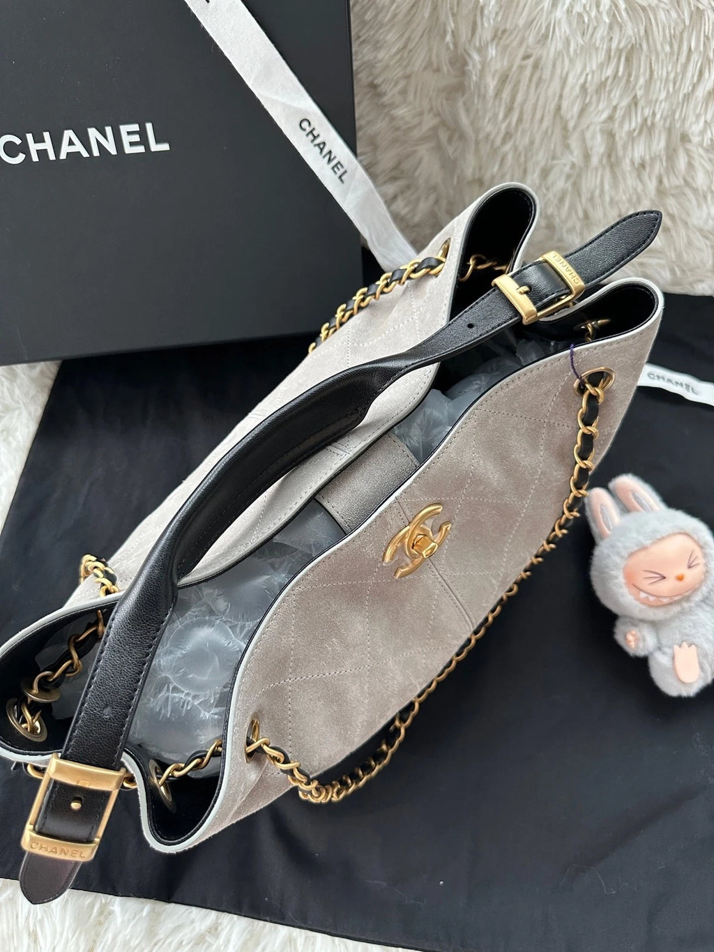 New CHANEL Gray Black Suede Leather Hobo Tote Shoulder Handbag Women