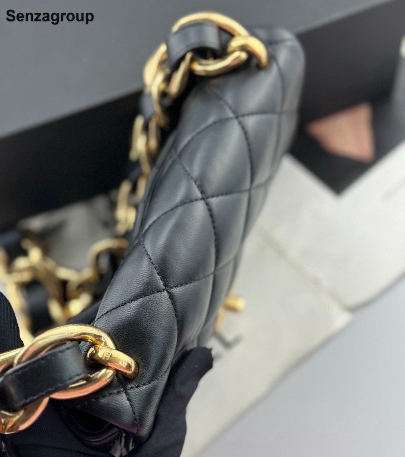 Chanel Classic Flap Chain Shoulder Bag Diamond Black Gold Women Fashion