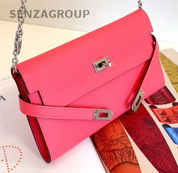 Hermes Kelly Long Wallet Epsom Leather DIY Chain Pink Women Almost Brand NEW
