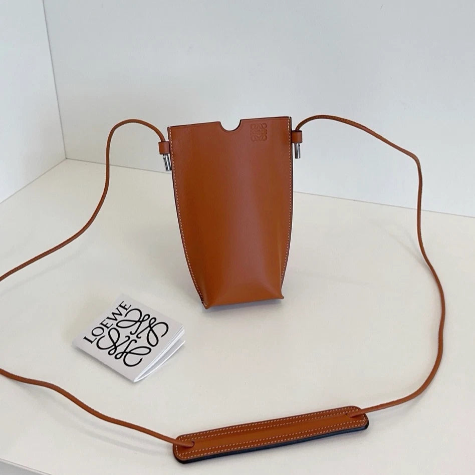 Loewe Calfskin Phone Bag Crossbody Brown Used Women Classic