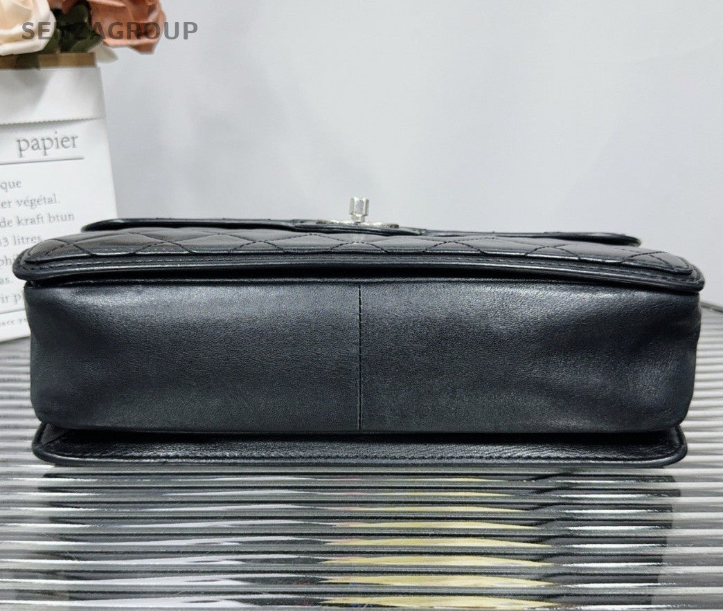 Chanel Classic Flap Lambskin Chain Shoulder Bag Black Silver Women Diamond