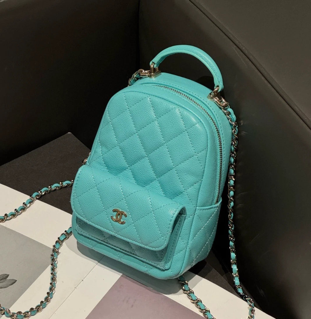 Chanel Diamond Calfskin Mini Chain Backpack Blue Gold Women Classic Fashion
