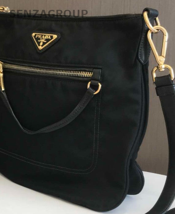 Prada Nylon Hobo Shoulder Bag Crossbody Black Gold Women Classic