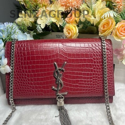 Saint Laurent Crocodile Embossed Fringe Bag Red Silver Chain Crossbody