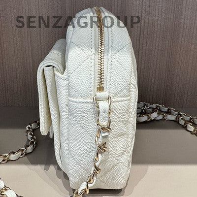 Chanel White Quilted Camera Bag with Gold Hardware