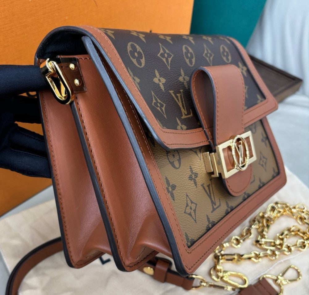 Louis Vuitton Dauphine MM Monogram Chain Shoulder Bag Crossbody Brown Gold Women