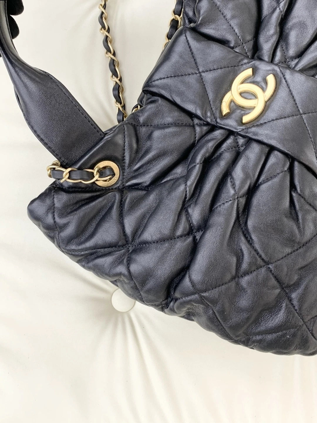 Chanel Lambskin MM 2Ways Top Handle Shoulder Bag Black Gold Hardware Women S