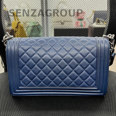 Chanel Le Boy Medium Blue Silver Calfskin Chain Shoulder Bag Classic
