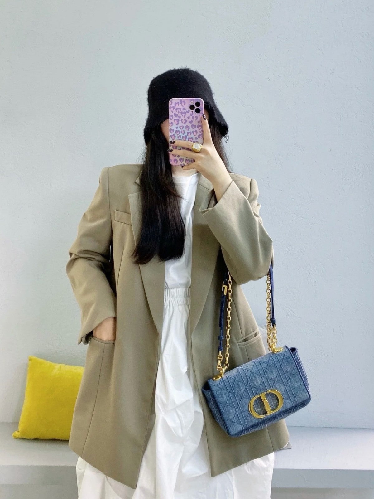 Christian Dior Caro PM Denim Wicker check pattern Chain Shoulder bag Blue Gold