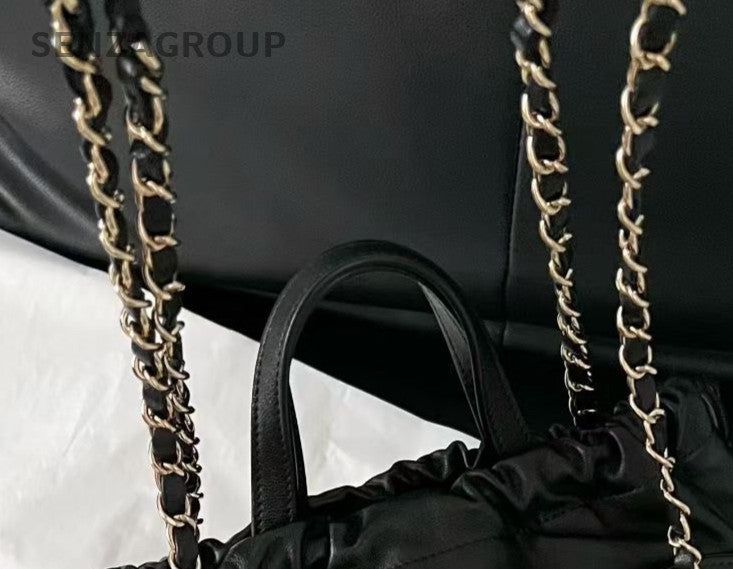 Chanel Drawstring Tote Handbag Chain Shoulder Bag Black Gold Women Classic