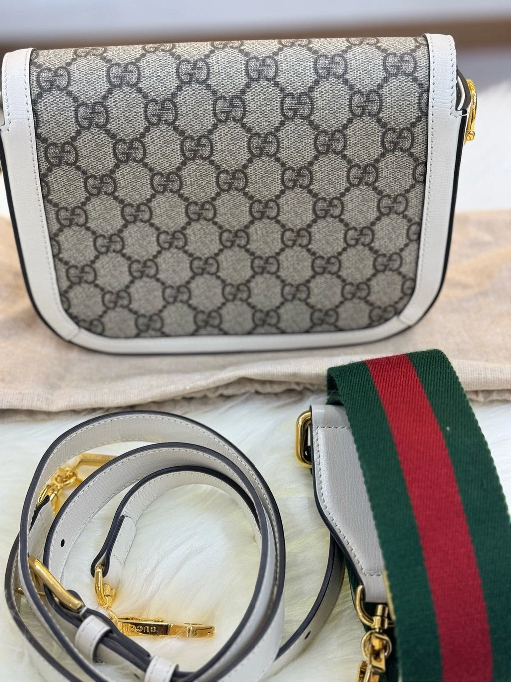 GUCCI 1955 Horsebit Small Saddle Bag White Leather For Women