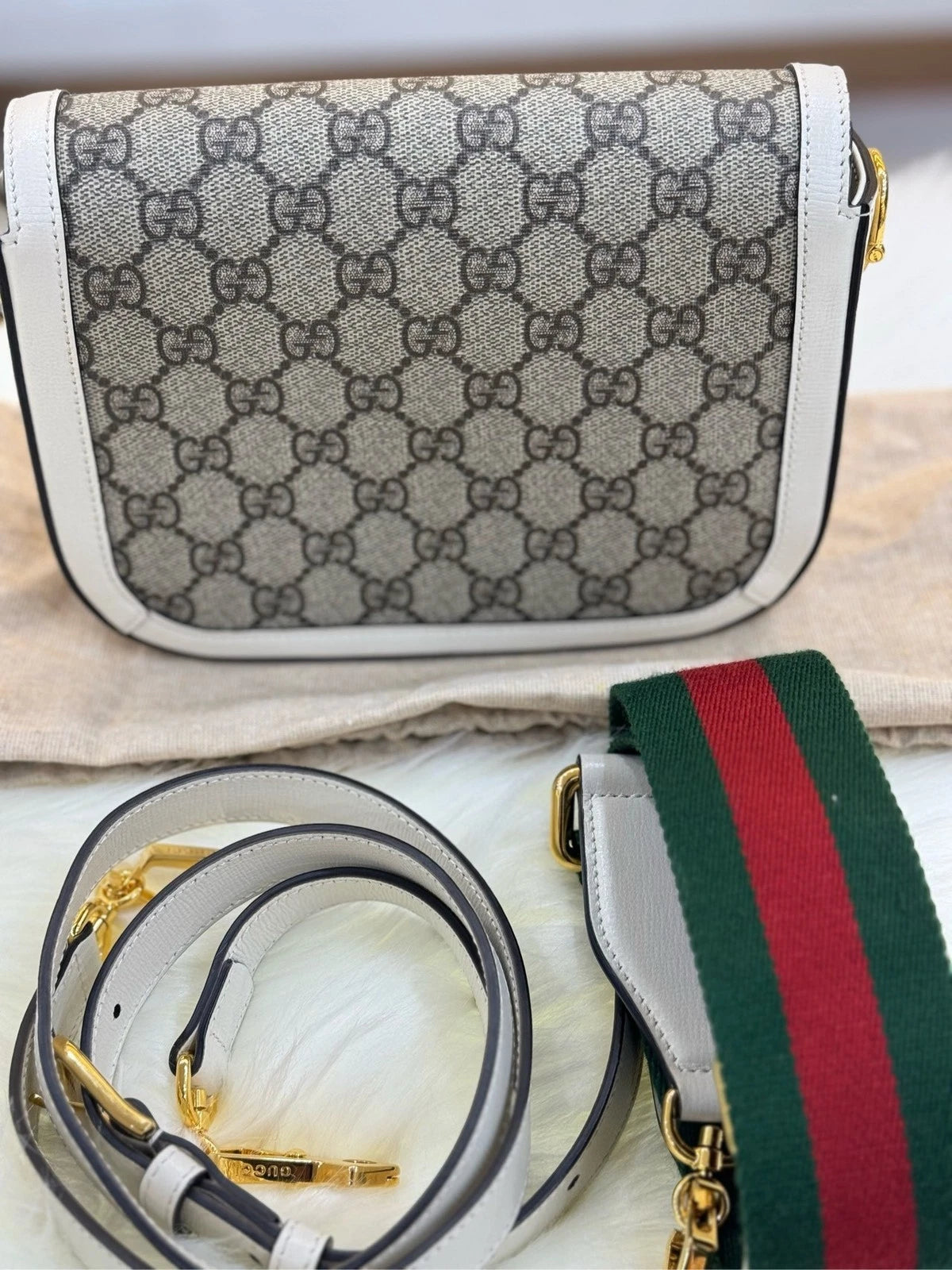 GUCCI 1955 Horsebit Small Saddle Bag White Leather For Women