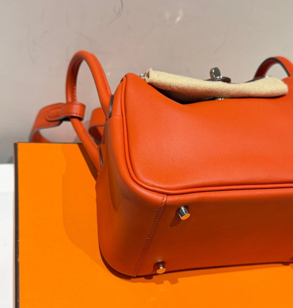 Hermes Lindy Mini Top Handle Shoulder Bag Orange Silver Women Classic Fashion