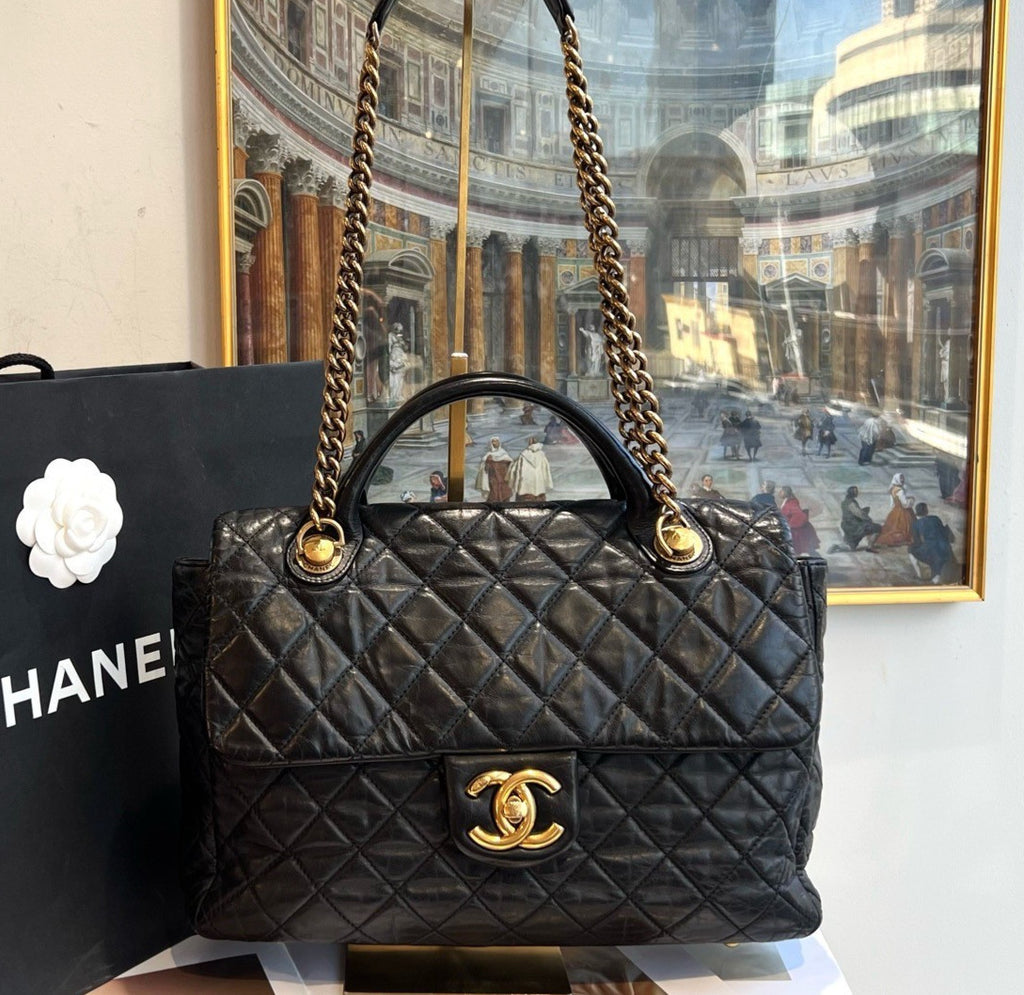 Chanel Diamond Chain Shoulder Bag Top Handle Bag Black Gold Used Women Classic