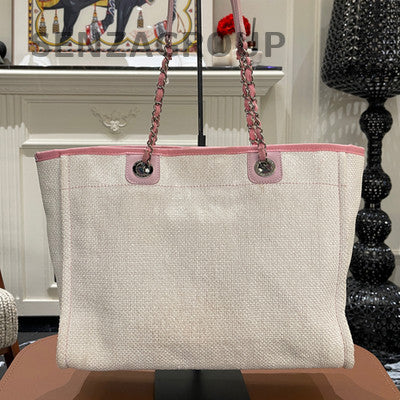 Chanel White & Pink Tote Beach Bag Chain Strap Silver Hardware Classic