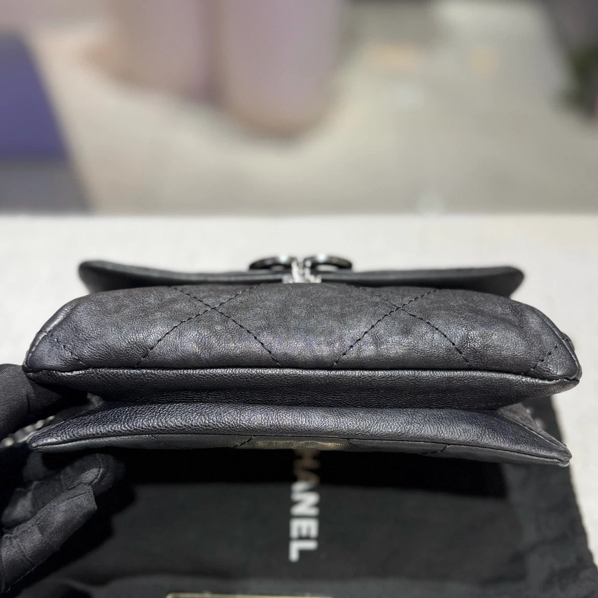 Chanel Calfskin Chain Top Handle Crossbody Black Silver Women Classic