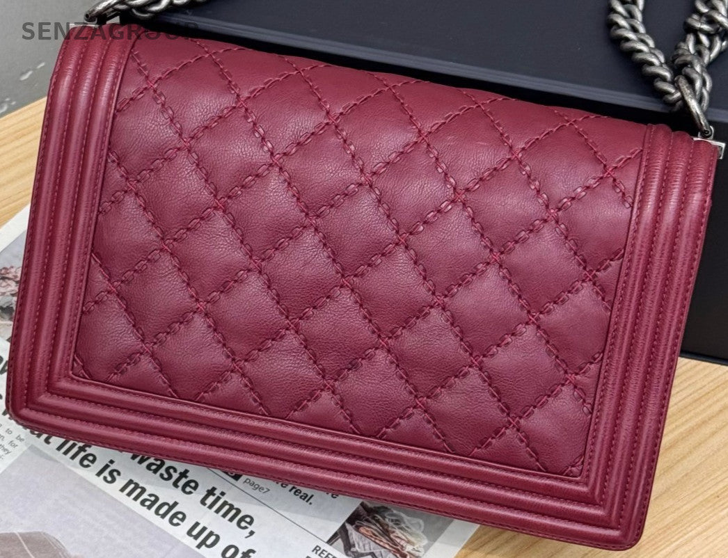 Chanel Leboy MM Chain Shoulder Bag Red Silver Diamond Women Classic Designer