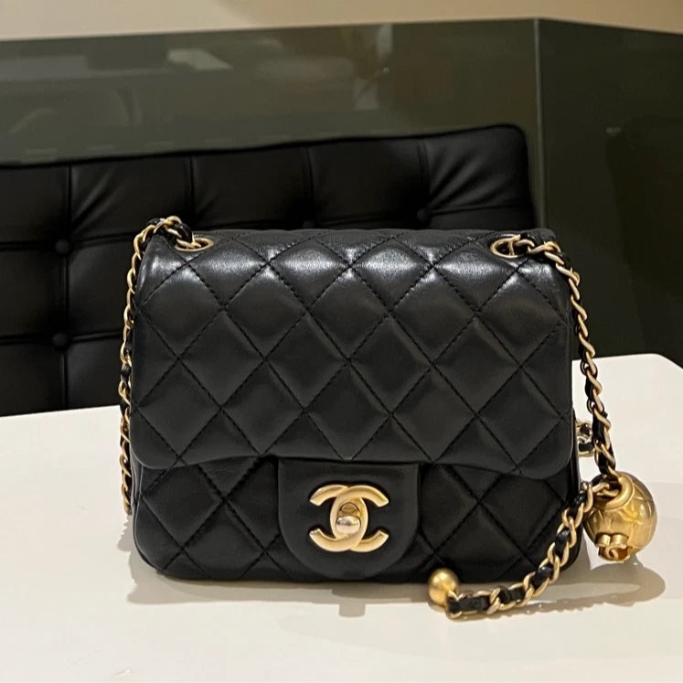 CHANEL Black Lambskin Gold Ball Mini Square Crossbody Bag For Women