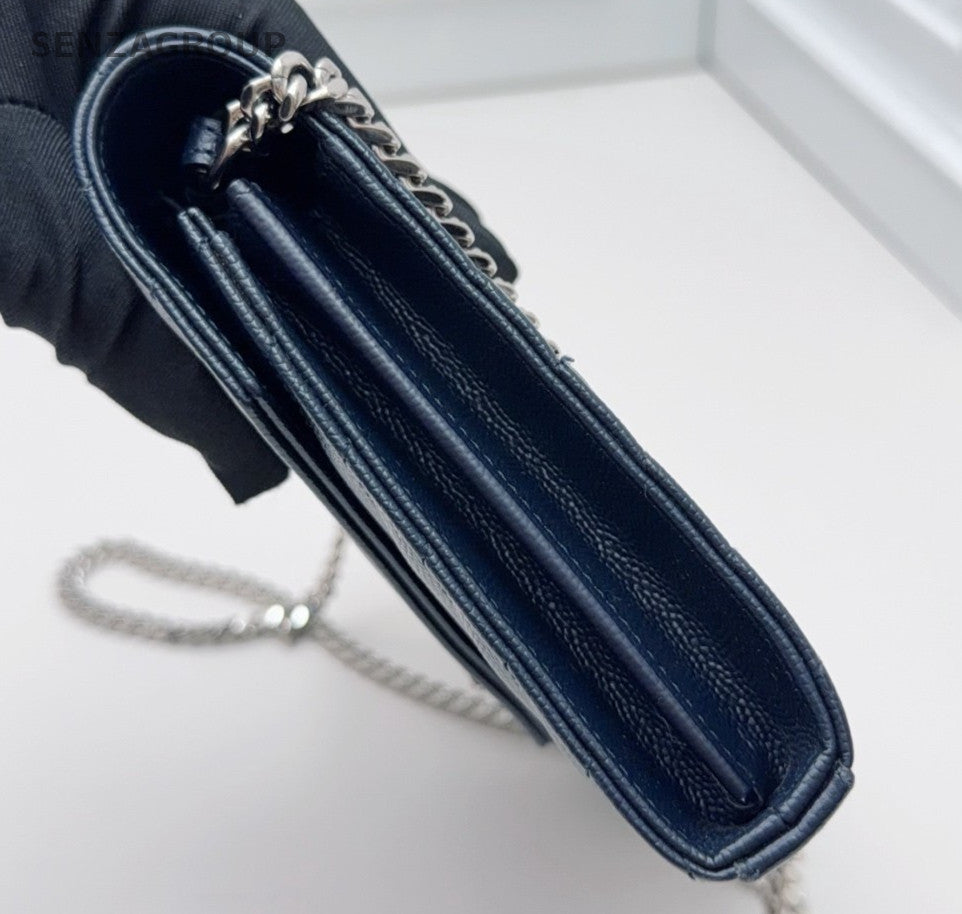 Saint Laurent Calfskin MM Chain Shoulder Bag Crossbody Blue Silver Women Classic