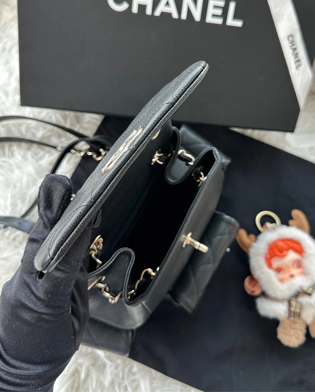 CHANEL Large Black Gold Grained Leather Backpack For Women
