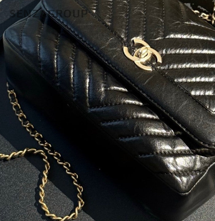 Chanel Classic Flap Top Handle Chain Shoulder Bag Black Gold Women Designer